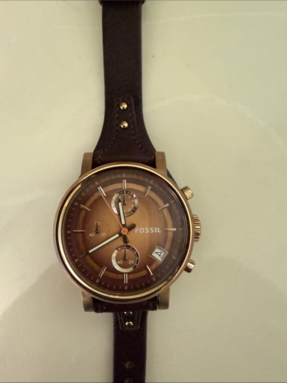 Fossil Gold-Tone Case Brown Dial Men's Watch with Dark Brown Leather Strap